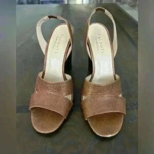 Talbots ,Saddle Brown, Pebble Leather, Open Toe Pumps, Wood 4" Heels, size 7.5